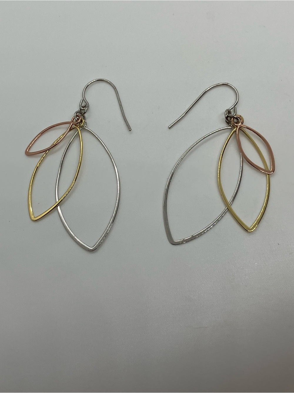 Vtg 925 Sterling Silver Tri-Color Gold Tone Marquise Dangle Earrings